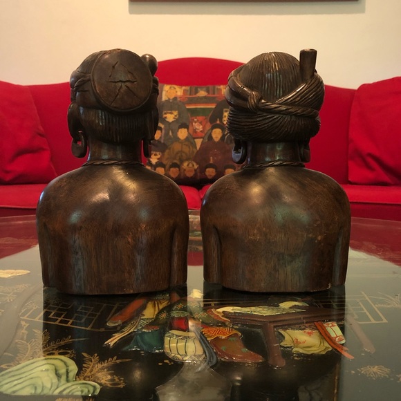 Wood Carved Statues Set Of 2 Unique Detail Carved Man & Woman - Picture 9 of 9